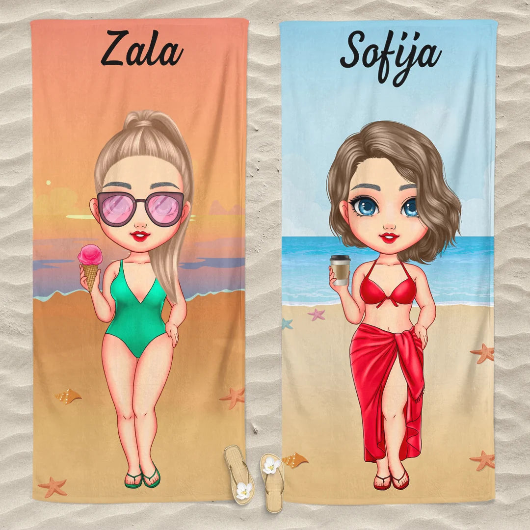 Unikatna brisača za plažo po meri s chibi punčko - na plaži