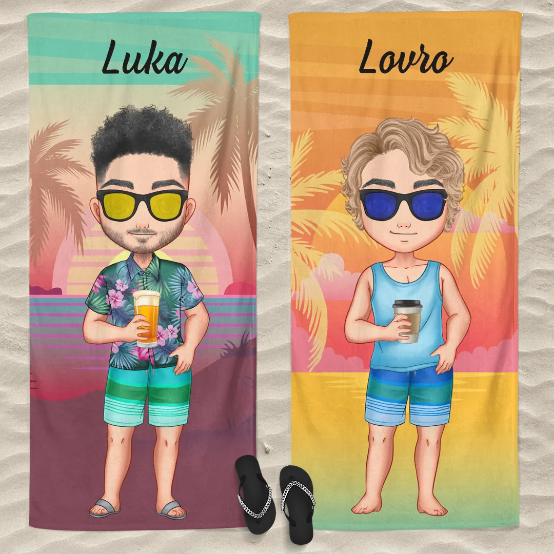 Unikatna brisača za plažo po meri s chibi fantom - na plaži