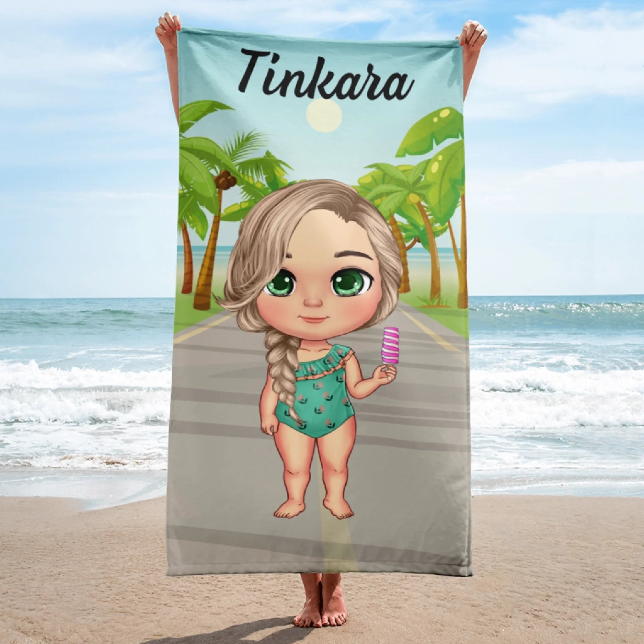 Brisača za plažo po meri s chibi otrokom - na plaži2