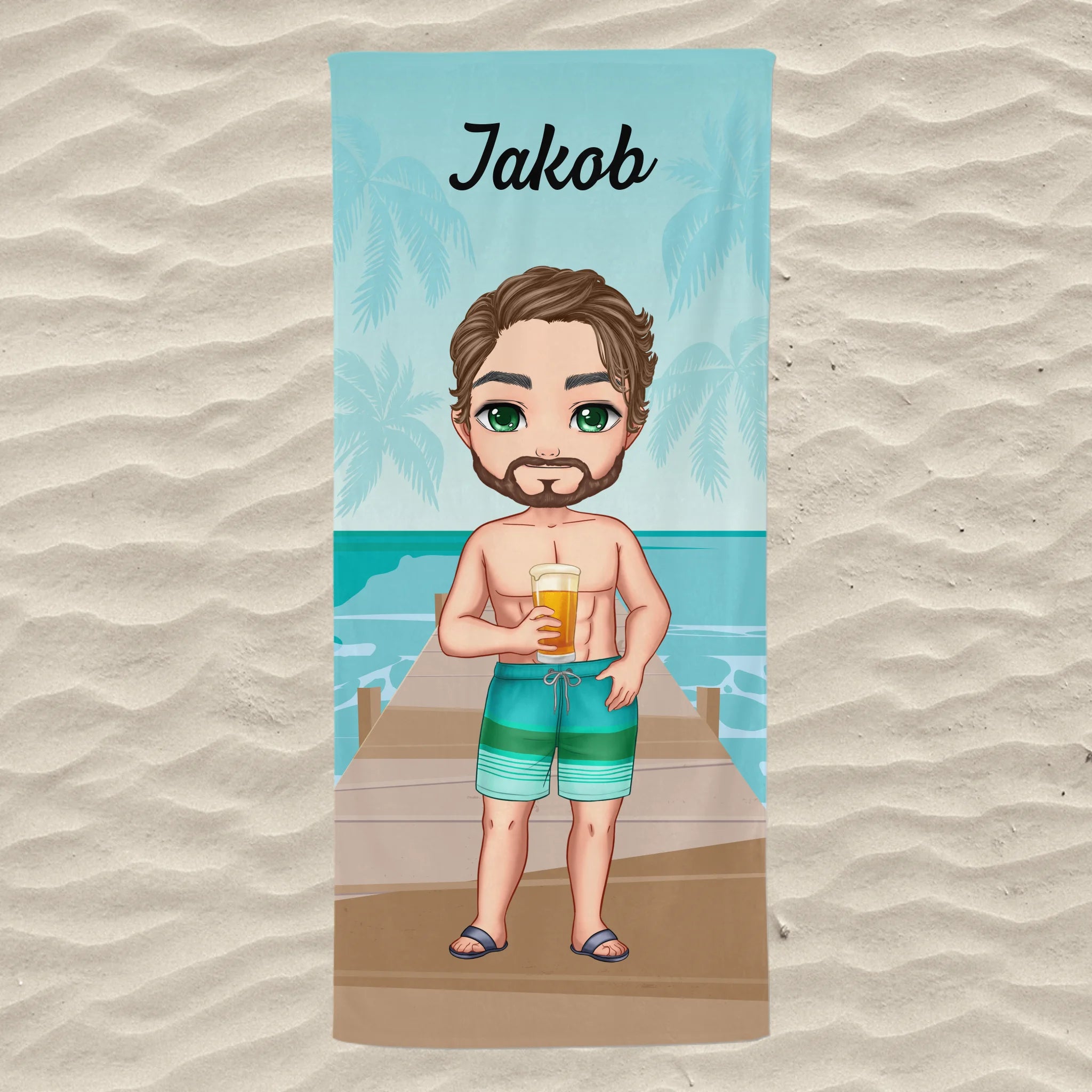 Unikatna brisača za plažo po meri s chibi fantom - na plaži