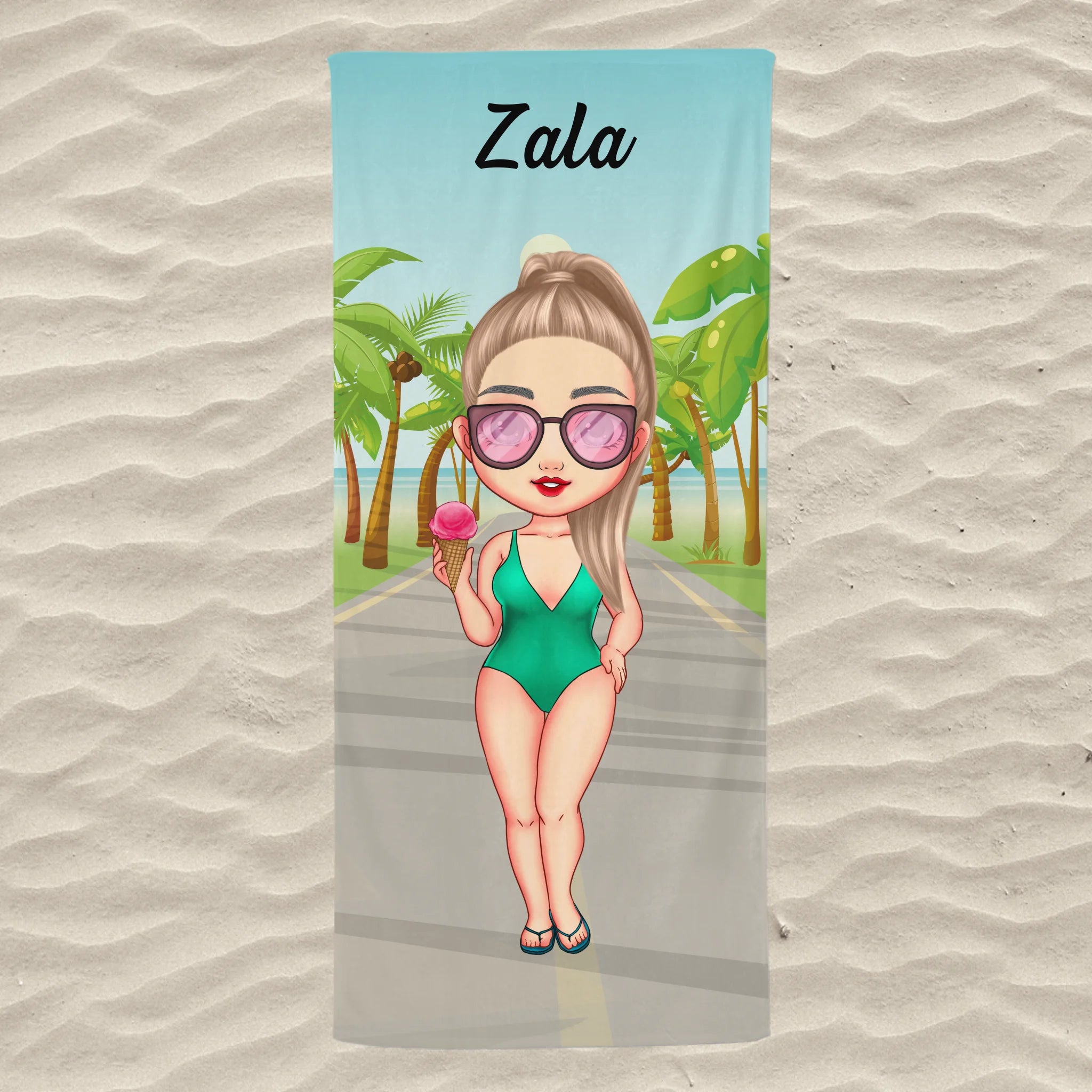 Unikatna brisača za plažo po meri s chibi punčko - na plaži
