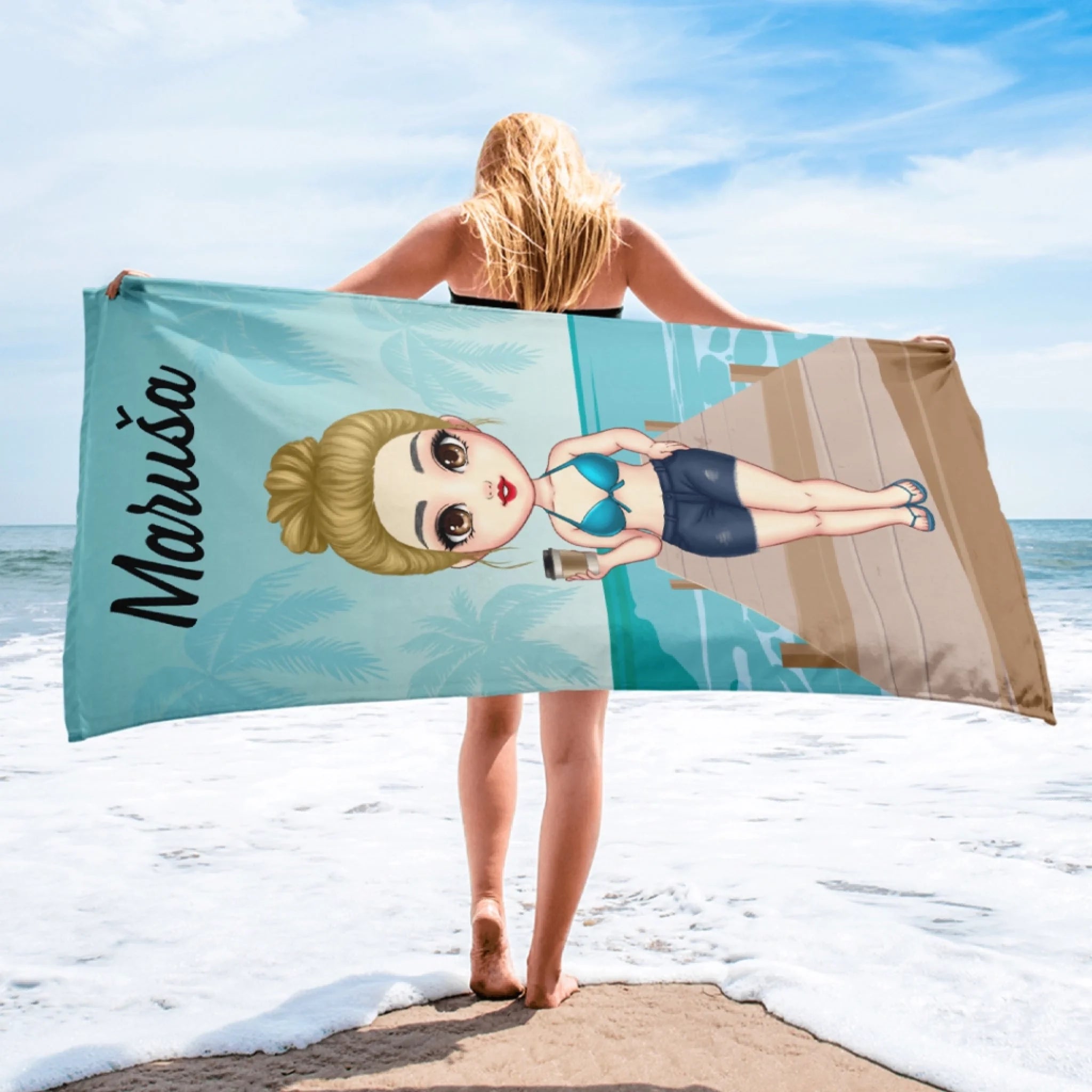 Brisača za plažo po meri s chibi punčko - na plaži2