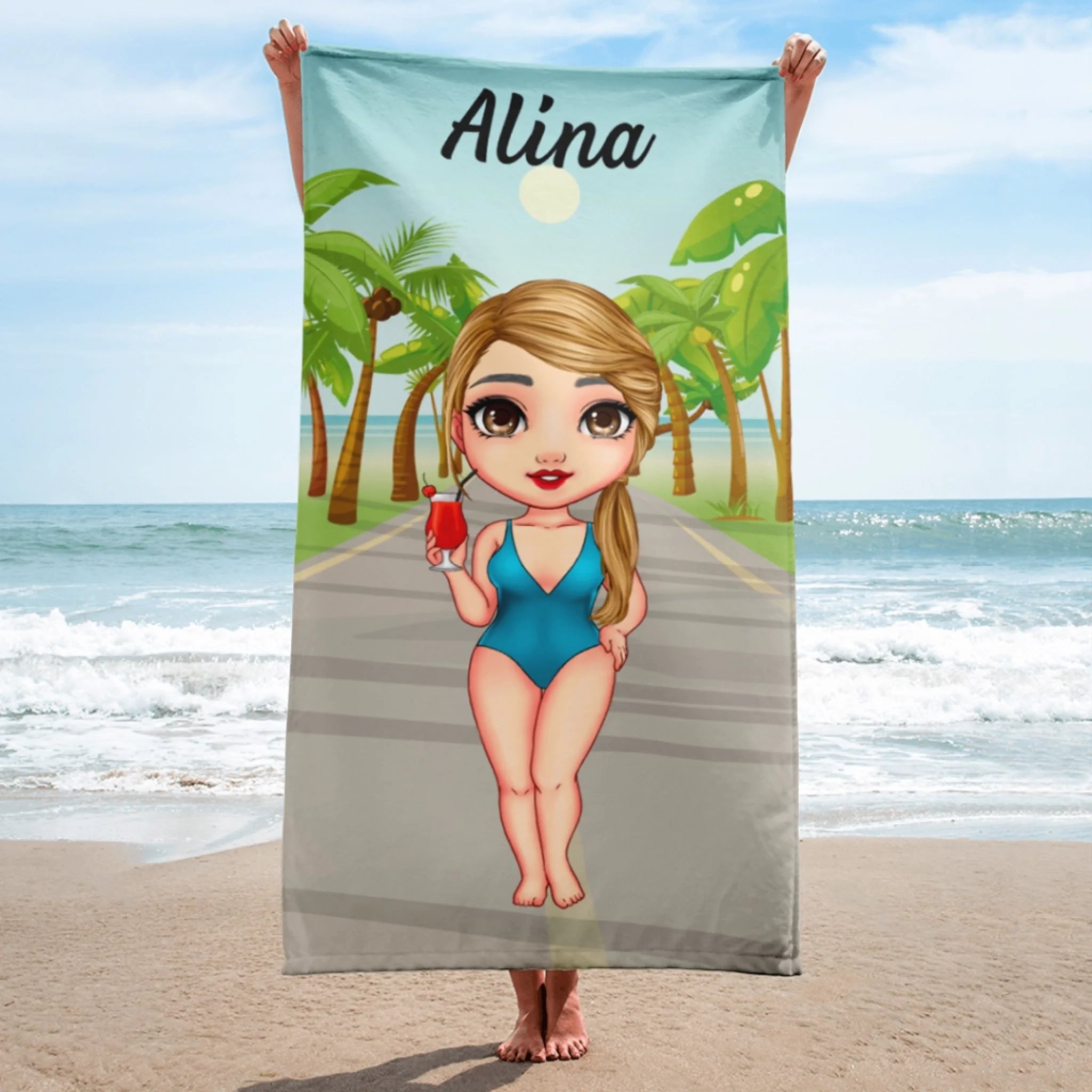 Brisača za plažo po meri s chibi punčko - na plaži1